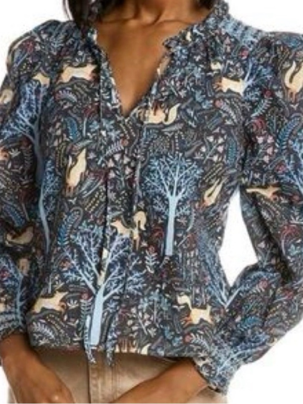 Stellah Black Woodland Tie-Neck Blouse with Blue Trees